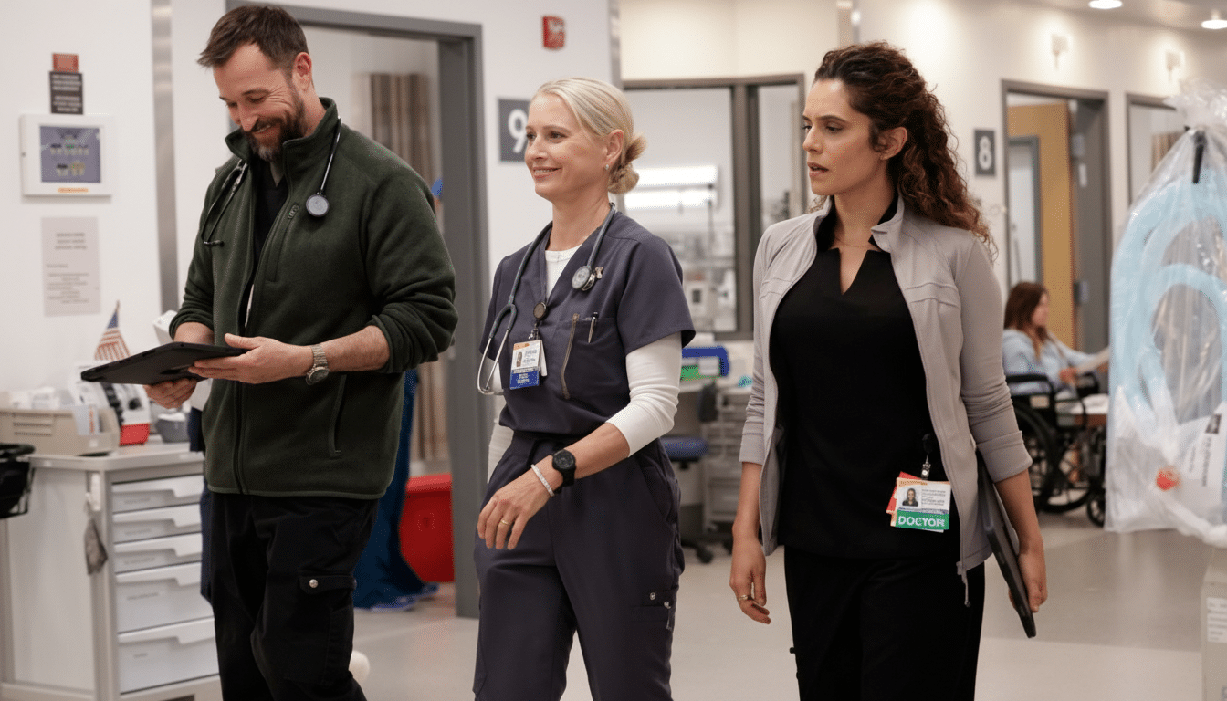 Three medical professionals, two women and one man, walk through a hospital hallway. The man on the left is looking down at a tablet, while the two women beside him are looking forward and to the right.