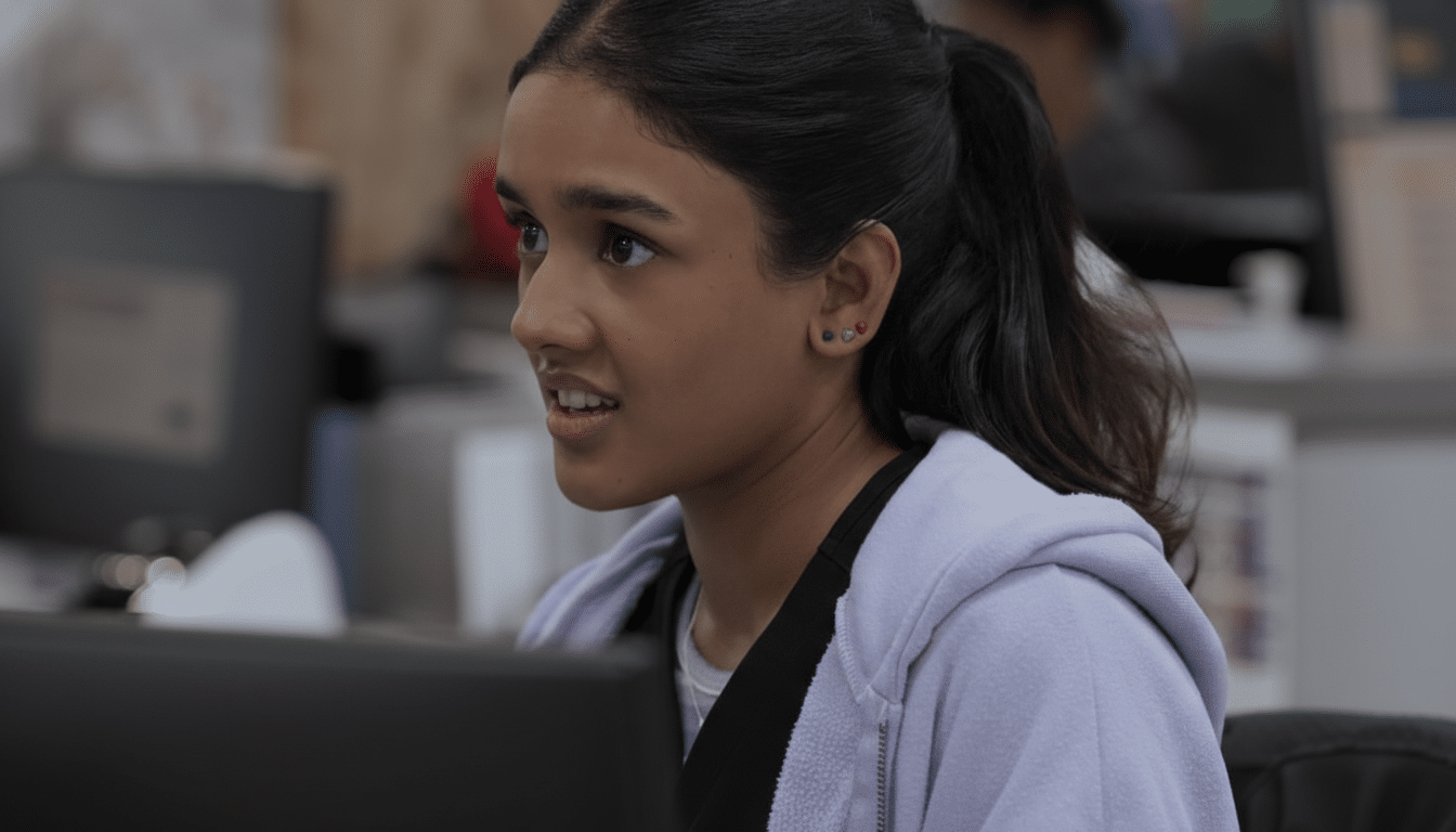 A young woman with dark hair pulled back in a ponytail, wearing a light purple hoodie, looks intently at a computer screen in an office setting.