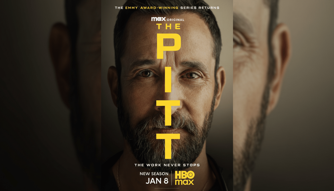 A man with a beard stares directly at the viewer, with the title THE PITT in large yellow letters vertically across his face. Above him, text reads THE EMMY AWARD-WINNING SERIES RETURNS and max ORIGINAL. Below, it says THE WORK NEVER STOPS and NEW SEASON JAN 8 HBO max.