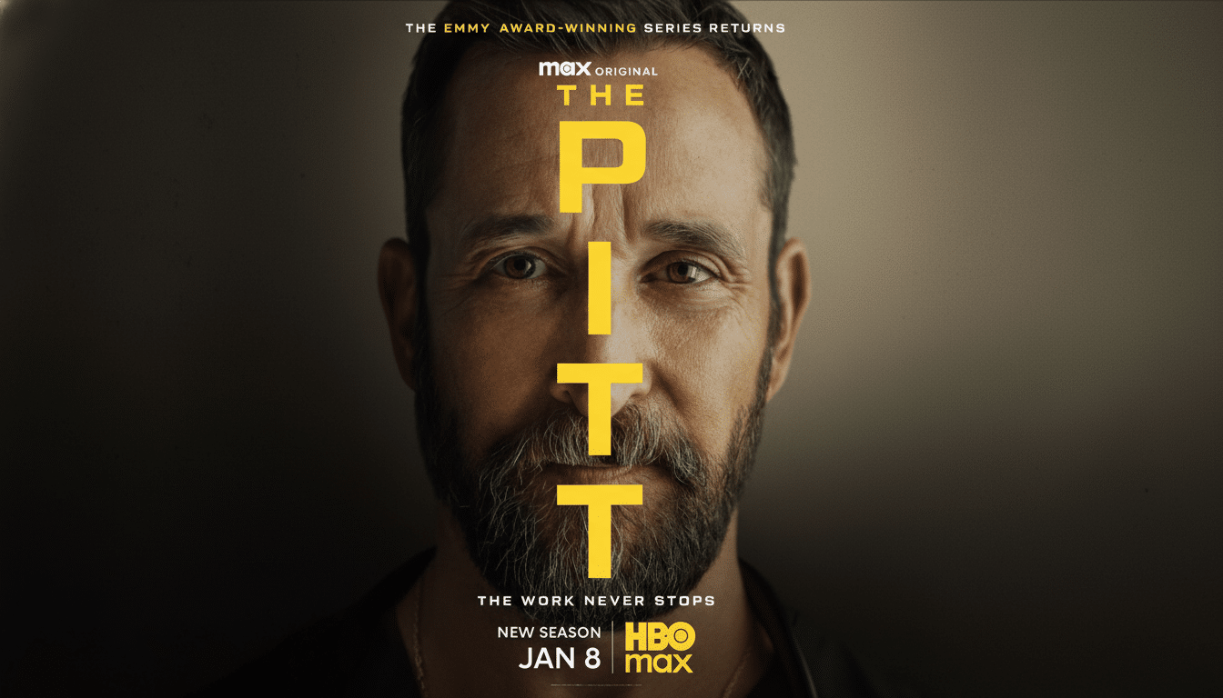 A man with a beard and short hair looks directly at the viewer, with the title THE PITT in large yellow letters vertically across his face. The background is dark and slightly blurred.