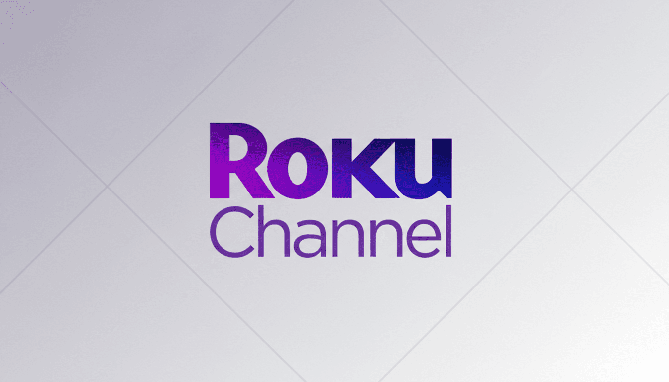 The Roku Channel logo on a professional flat design background with soft patterns and gradients.