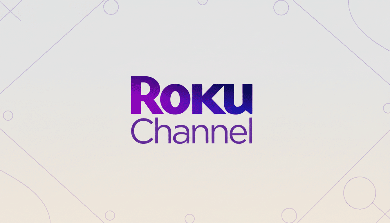 The Roku Channel logo on a light gray background with subtle geometric patterns.
