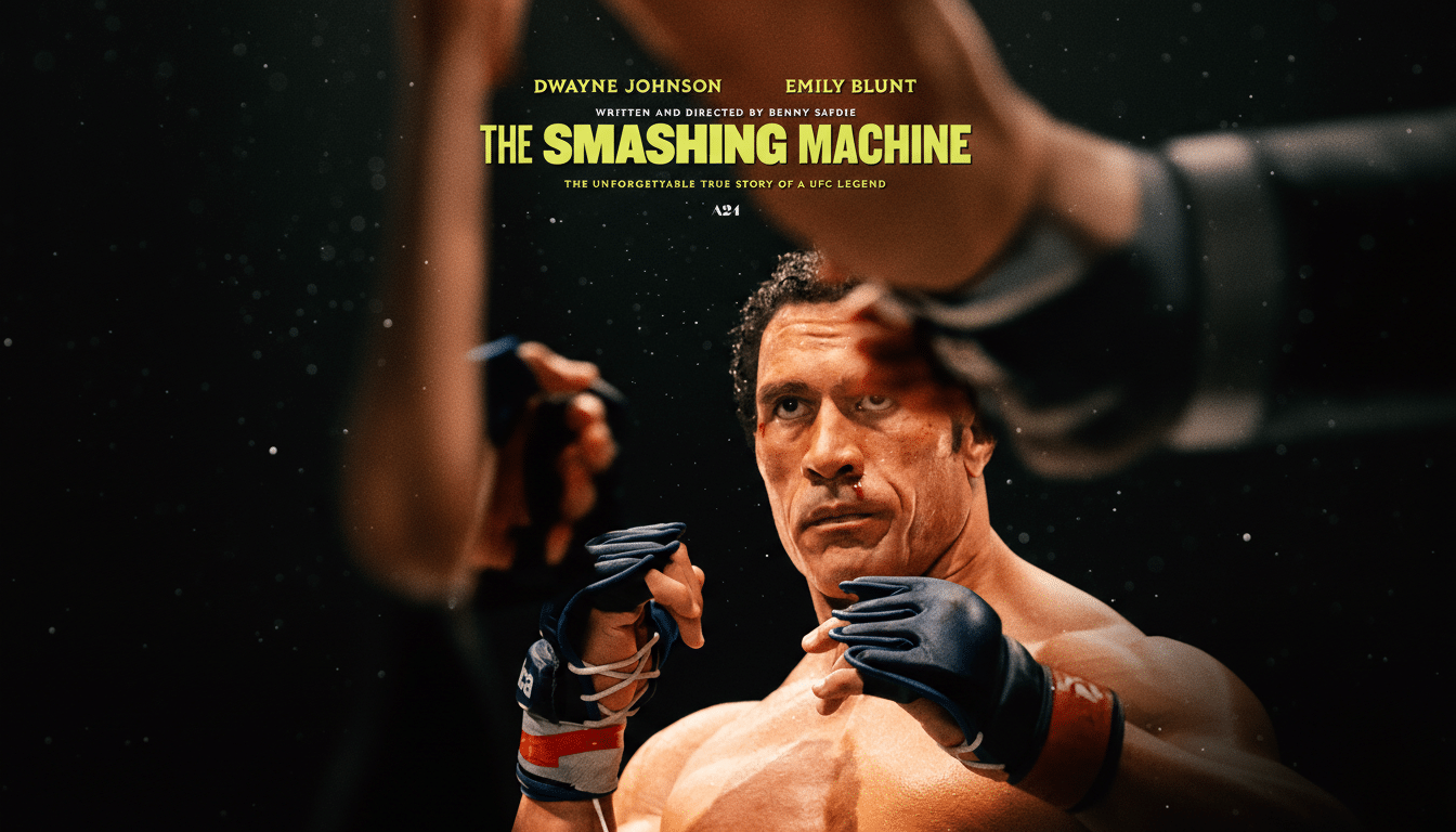 A movie poster for The Smashing Machine featuring Dwayne Johnson as a bloodied fighter in a ring, with the title and cast names above him.