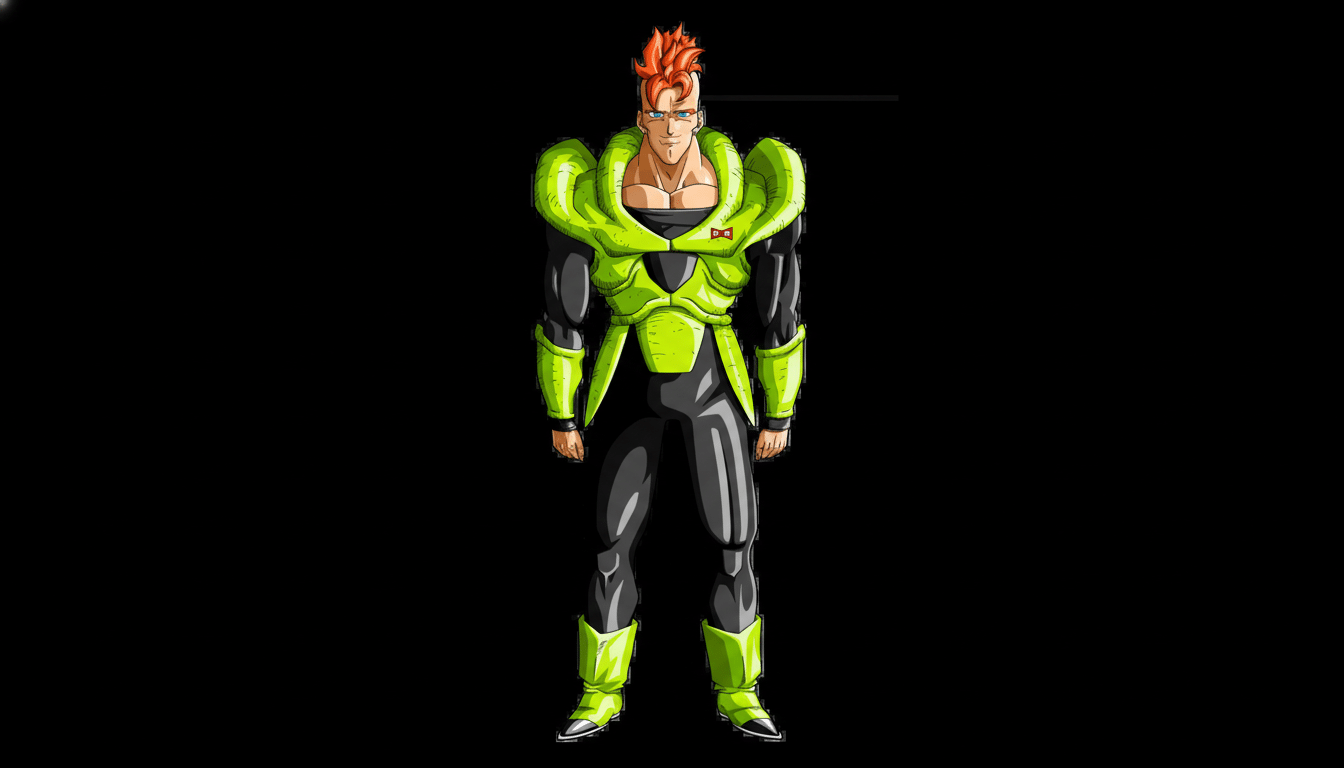 A full-body image of Android 16 from Dragon Ball Z, standing against a black background. He has spiky red hair, blue eyes, and is wearing a black and lime green battle suit with the Red Ribbon Army logo on his chest. The image is resized to a 16:9 aspect ratio.