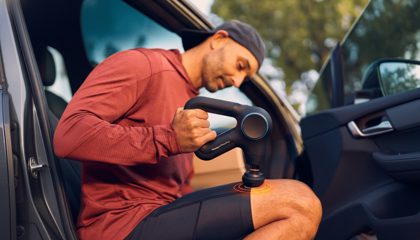 A man in athletic wear uses a Theragun Prime Plus massage gun on his thigh while sitting in a car.