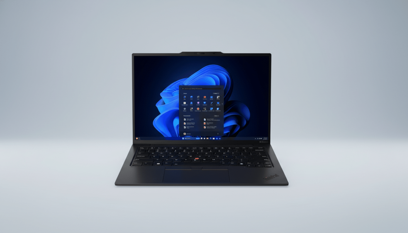 A black Lenovo ThinkPad X1 Carbon laptop with Windows 11 displayed on its screen, set against a professional light gray background.