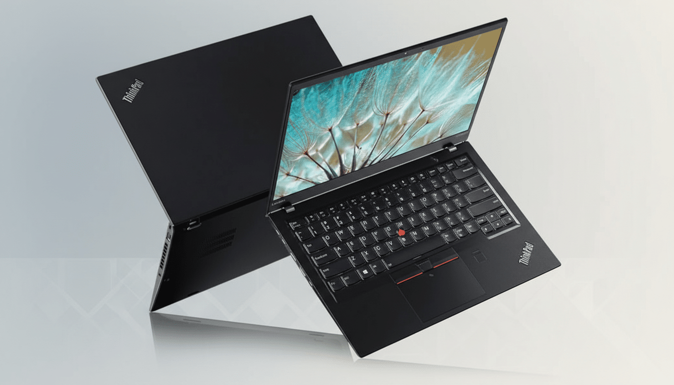 A black Lenovo ThinkPad laptop with its screen displaying a dandelion image, set against a professional gradient background.