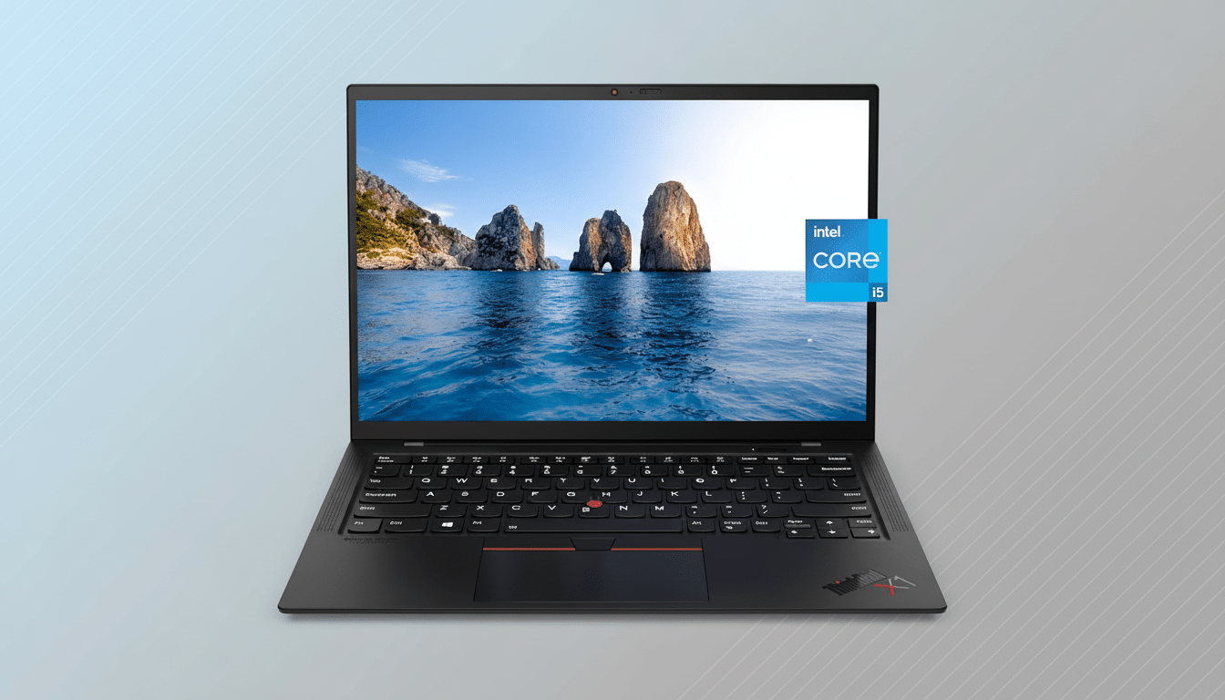 A black laptop with an Intel Core i5 sticker on the screen, displaying a scenic view of rocky islands in the ocean, set against a professional flat design background with soft patterns.
