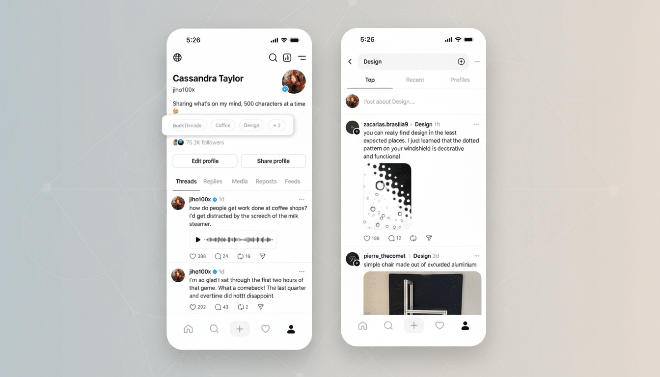 A 16:9 aspect ratio image showing two mobile phone screens side-by-side. The left screen displays a social media profile page with the name Cassandra Taylor and various posts. The right screen shows a social media feed focused on Design with two posts visible. The background is a professional flat design with soft patterns and gradients.