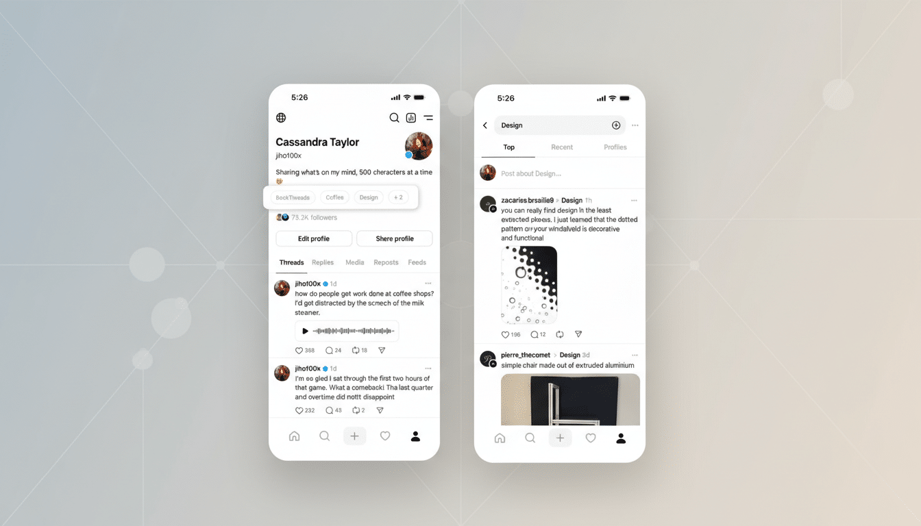 A professional, enhanced image of two smartphone screens displaying a social media application. The left screen shows a user profile named Cassandra Taylor with posts, followers, and profile editing options. The right screen displays a Design feed with various posts, including one about a dotted pattern on a windshield and another about a simple chair. The background is a soft, professional gradient with subtle geometric patterns, maintaining a clean and focused presentation of the app interfaces.