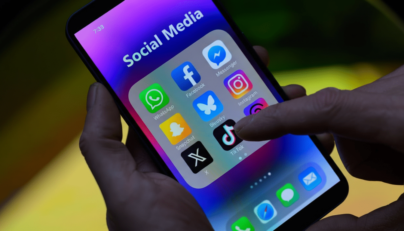 A hand holding a smartphone displaying a Social Media folder with various app icons, including WhatsApp, Facebook, Messenger, Instagram, Snapchat, Bleusky, X, and TikTok.