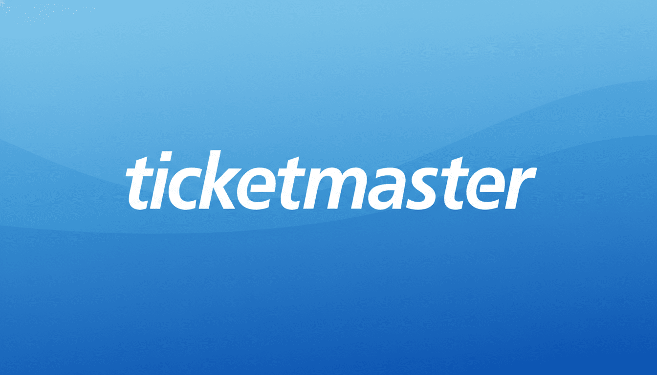 The Ticketmaster logo, featuring the word ticketmaster in white, italicized lowercase letters, centered on a blue background with a subtle gradient and soft wave pattern.