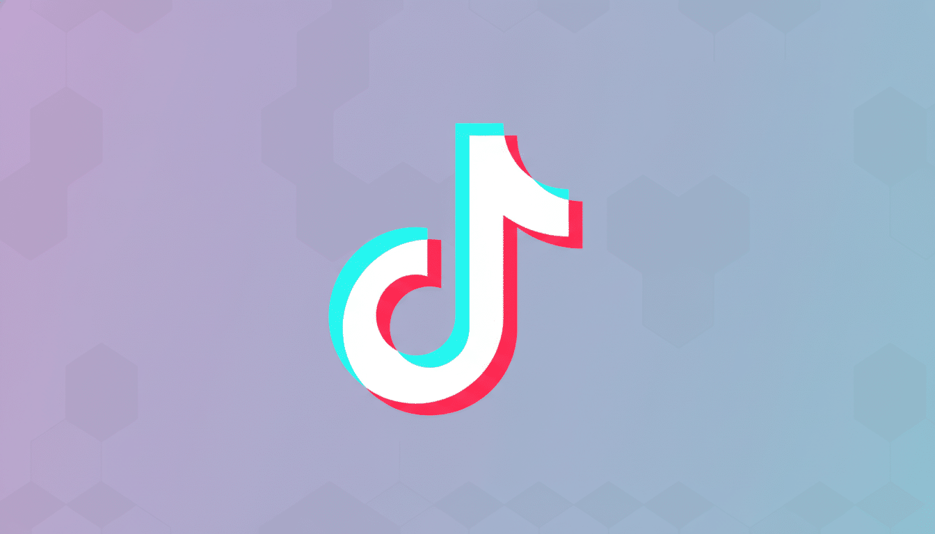 The TikTok logo, a white musical note with cyan and red shadows, centered on a professional flat design background with soft purple and blue gradients and subtle hexagonal patterns.