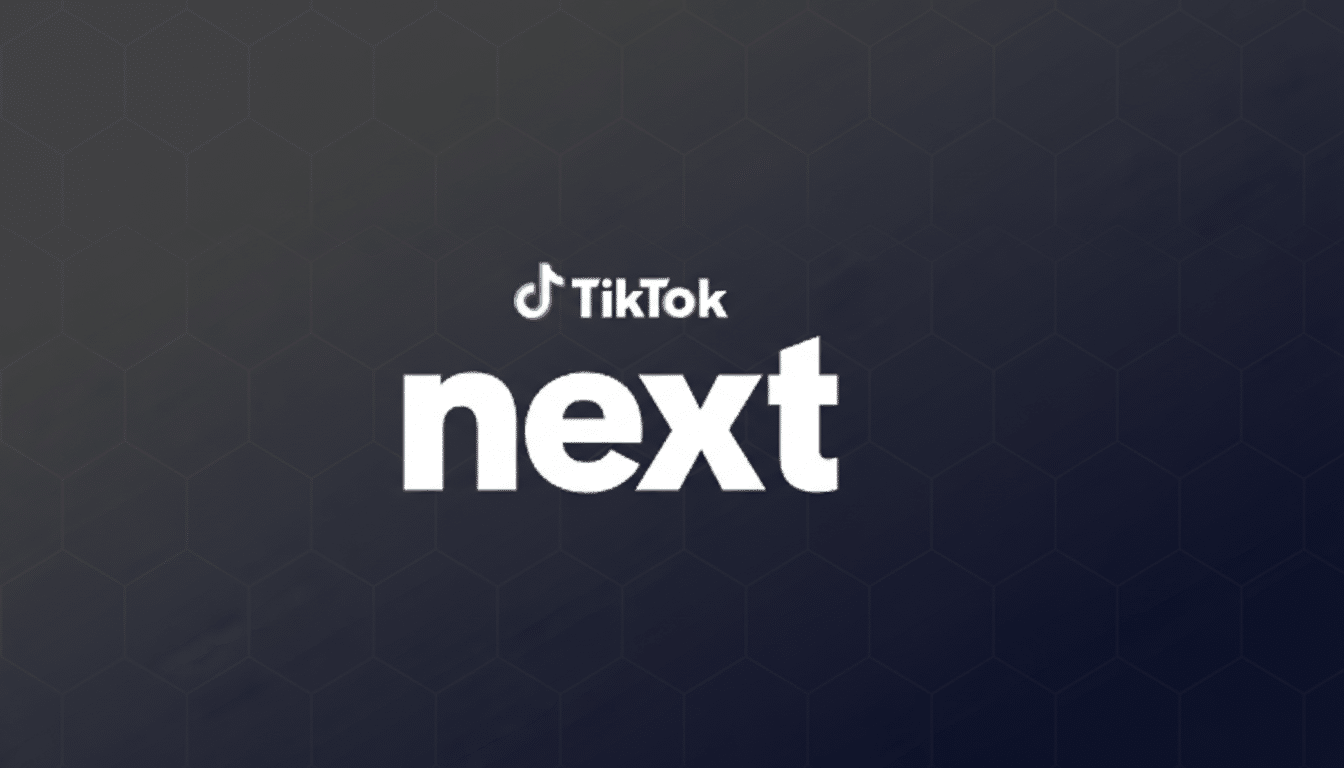 The TikTok Next logo is displayed on a dark gray background with a subtle hexagonal pattern. The word next is in large white letters, with the TikTok logo and TikTok in smaller white letters above it.