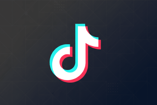 The TikTok logo, a white musical note with cyan and red shadows, centered on a dark gray background with a subtle geometric pattern.