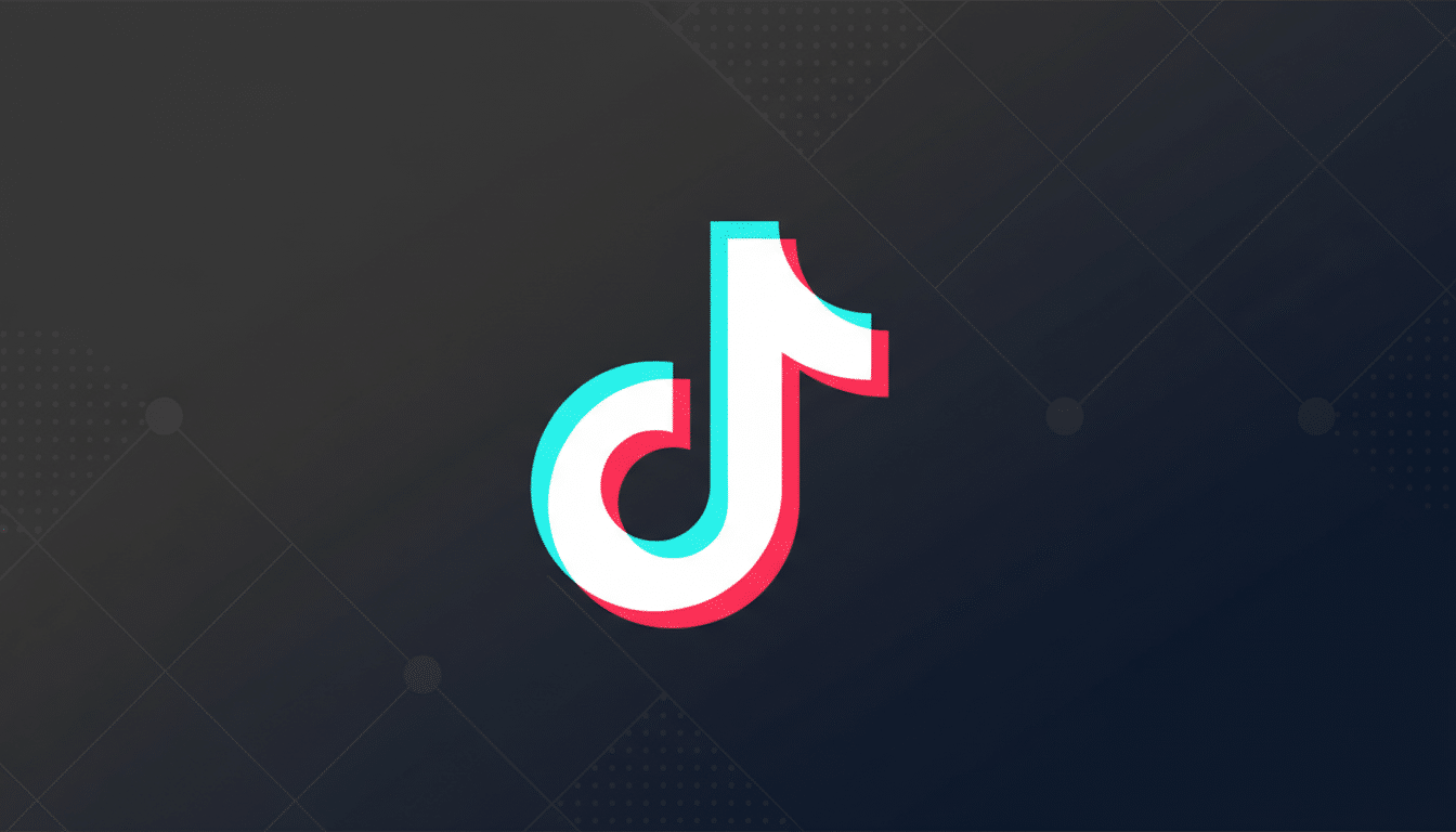 The TikTok logo, a white musical note with cyan and red shadows, centered on a dark gray background with a subtle geometric pattern.