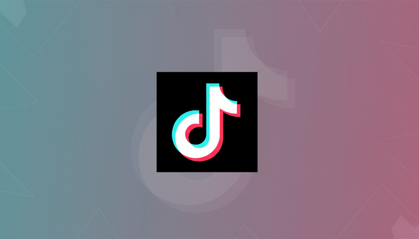 The TikTok logo, a white musical note with cyan and red shadows, centered on a black square. The background is a professional flat design with a soft gradient from teal to pink, featuring subtle geometric patterns.