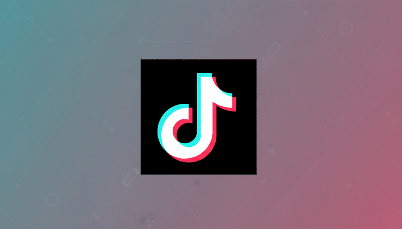 The TikTok logo, a white musical note with cyan and red shadows, centered on a black square, against a professional flat design background with soft teal and pink gradients and subtle geometric patterns.