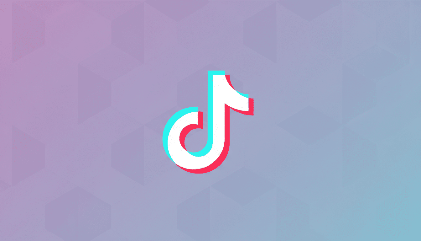 The TikTok logo, a white musical note with cyan and red shadows, centered on a professional flat design background with soft purple and blue gradients and subtle geometric patterns.