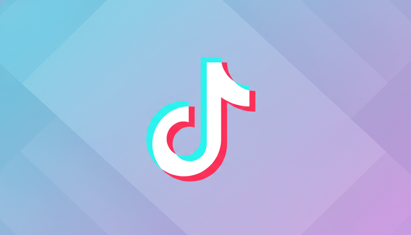 The TikTok logo, a white musical note with cyan and red shadows, centered on a professional flat design background with soft blue and purple gradients and subtle geometric patterns.