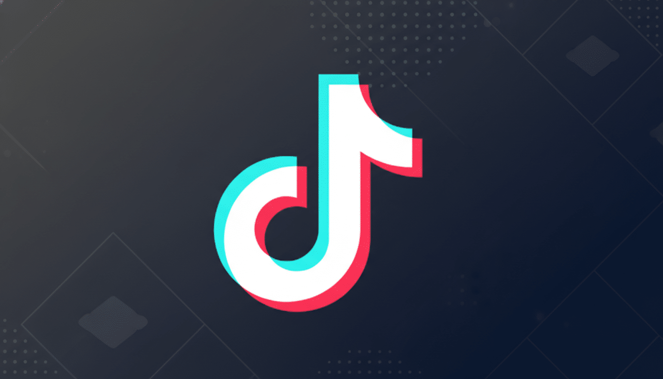 The TikTok logo, a white musical note with cyan and red shadows, centered on a dark gray background with subtle geometric patterns.