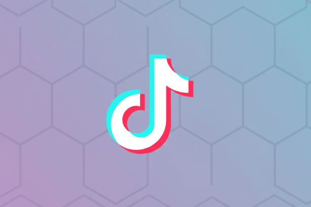 The TikTok logo, a white musical note with cyan and red shadows, centered on a professional flat design background with a soft purple and blue gradient and subtle hexagonal patterns.