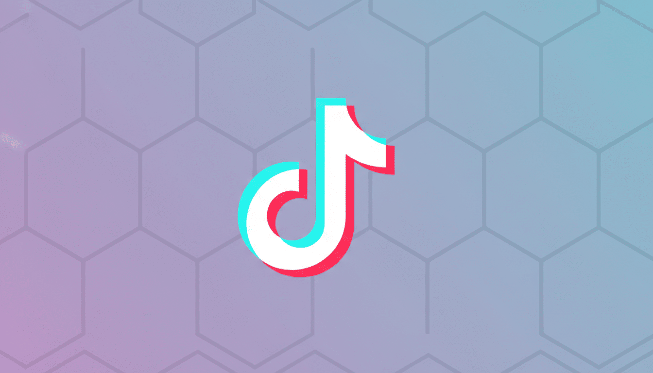 The TikTok logo, a white musical note with cyan and red shadows, centered on a professional flat design background with a soft purple and blue gradient and subtle hexagonal patterns.