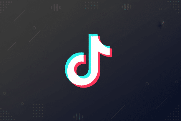 The TikTok logo, a white musical note with cyan and red shadows, centered on a dark gray background with subtle geometric patterns.