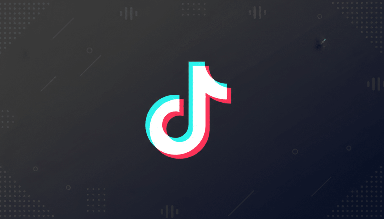 The TikTok logo, a white musical note with cyan and red shadows, centered on a dark gray background with subtle geometric patterns.