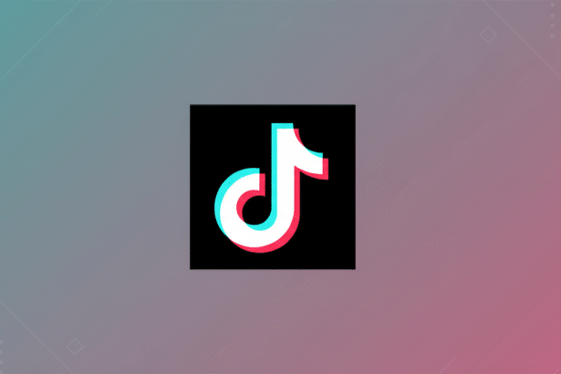 The TikTok logo, a white musical note with cyan and red shadows, centered on a black square, which is placed on a professional 16:9 gradient background with soft patterns.