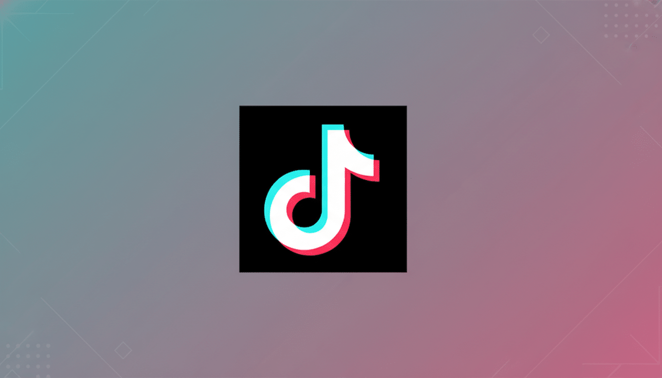 The TikTok logo, a white musical note with cyan and red shadows, centered on a black square, which is placed on a professional 16:9 gradient background with soft patterns.