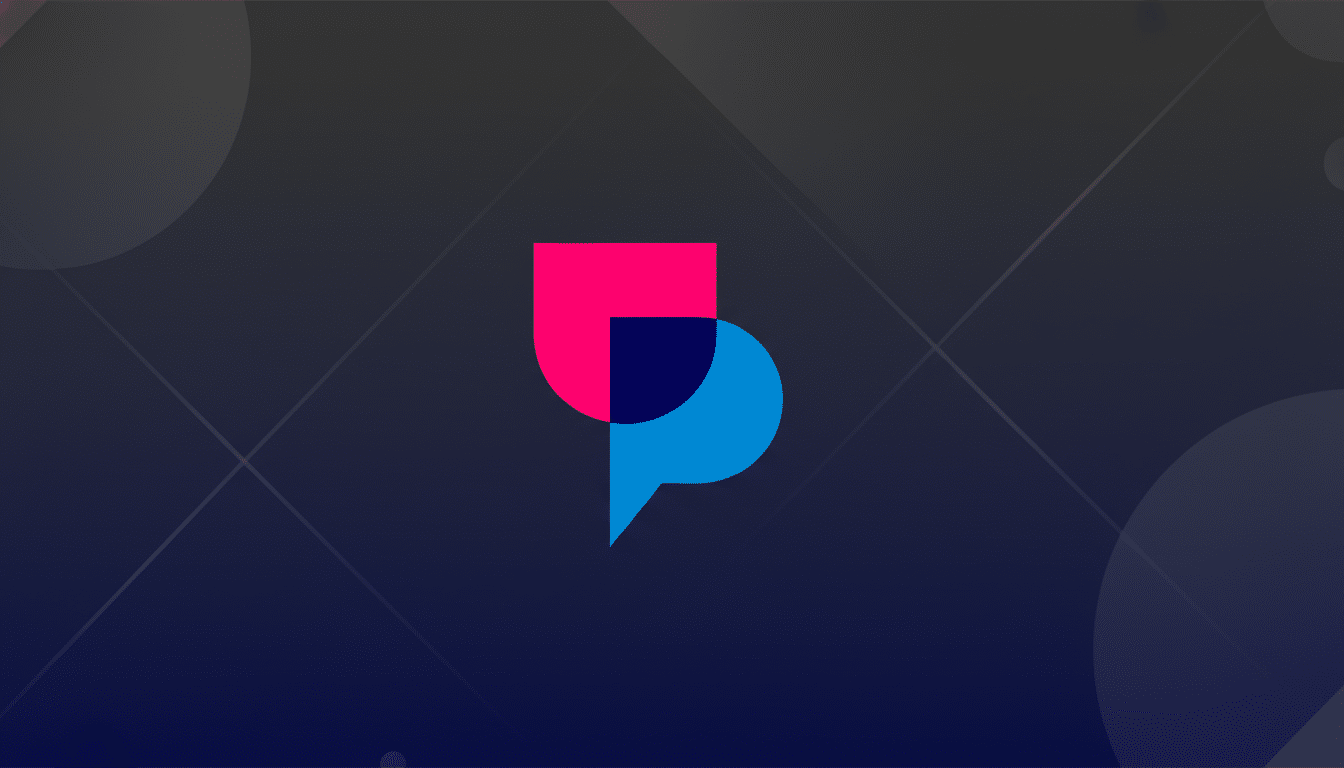 A 16:9 aspect ratio image featuring a logo with overlapping pink and blue shapes, resembling a stylized P or a chat bubble, centered on a dark blue and gray gradient background with subtle geometric patterns.