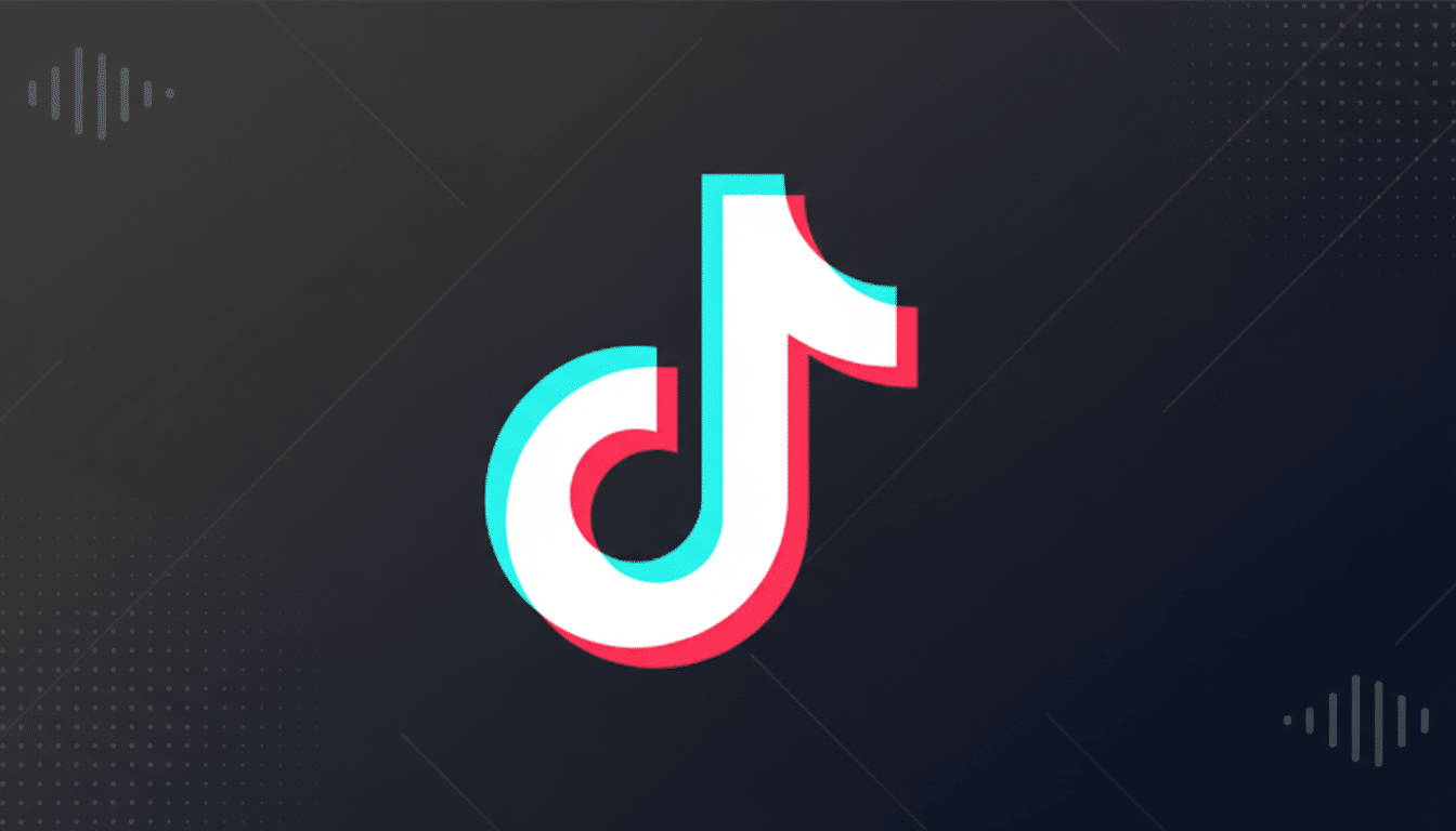 The TikTok logo, a white musical note with cyan and red shadows, centered on a dark gray background with subtle sound wave patterns in the corners.