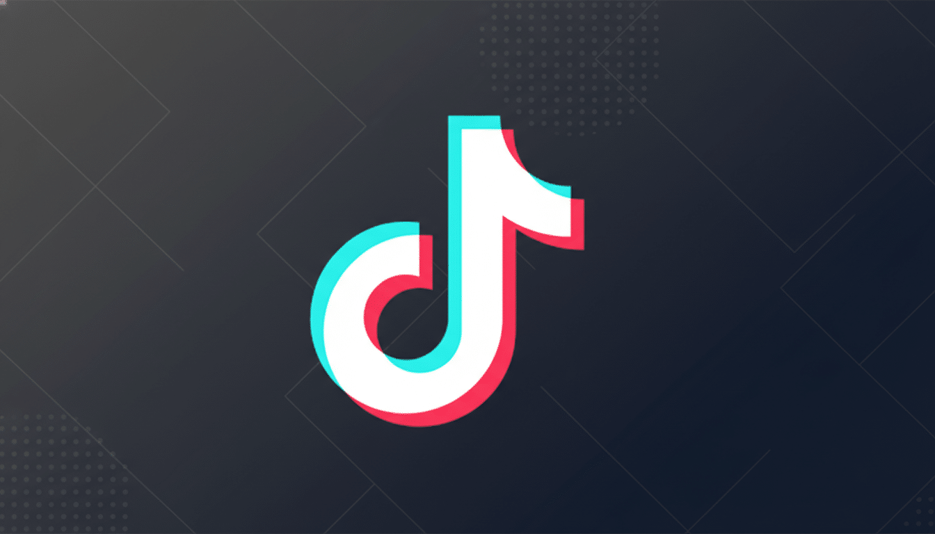 The TikTok logo, a white musical note with cyan and red shadows, centered on a dark gray background with subtle geometric patterns.