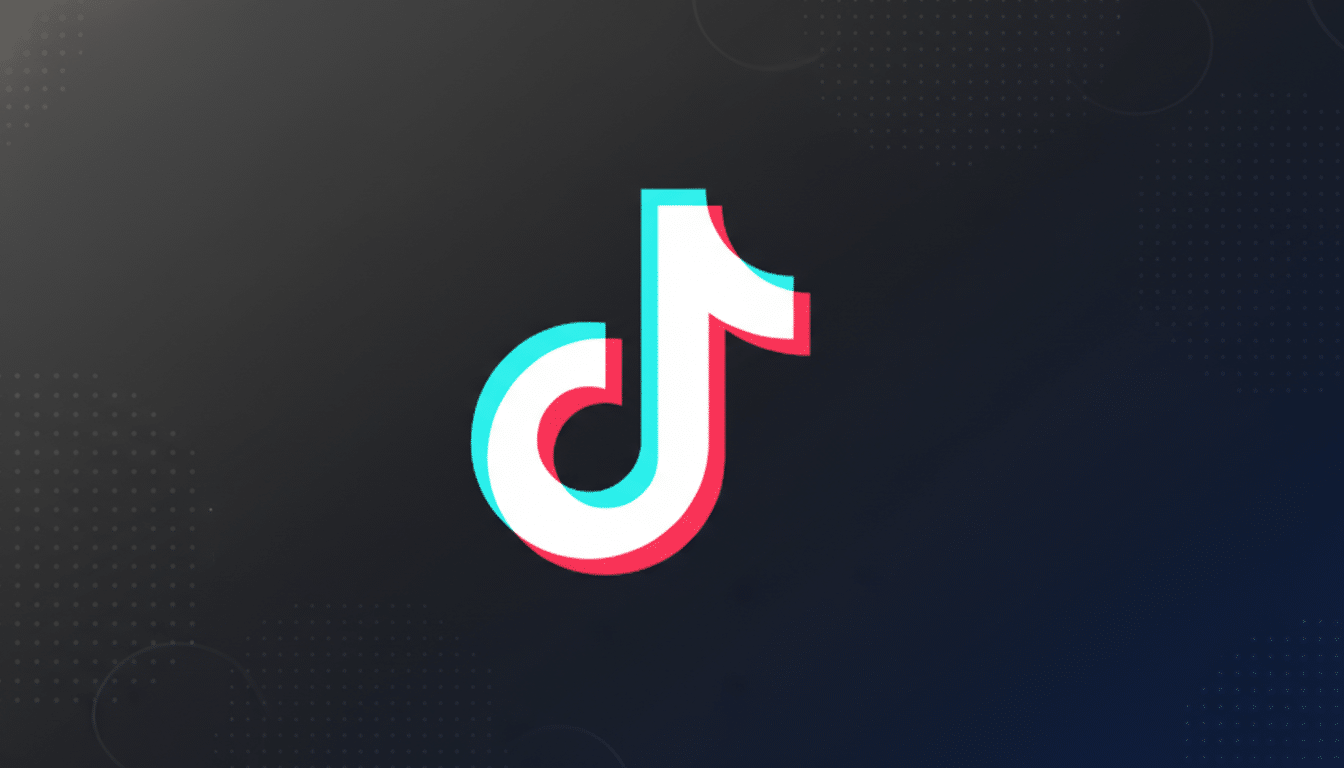 The TikTok logo, a white musical note with cyan and red shadows, centered on a dark gray background with subtle geometric patterns.