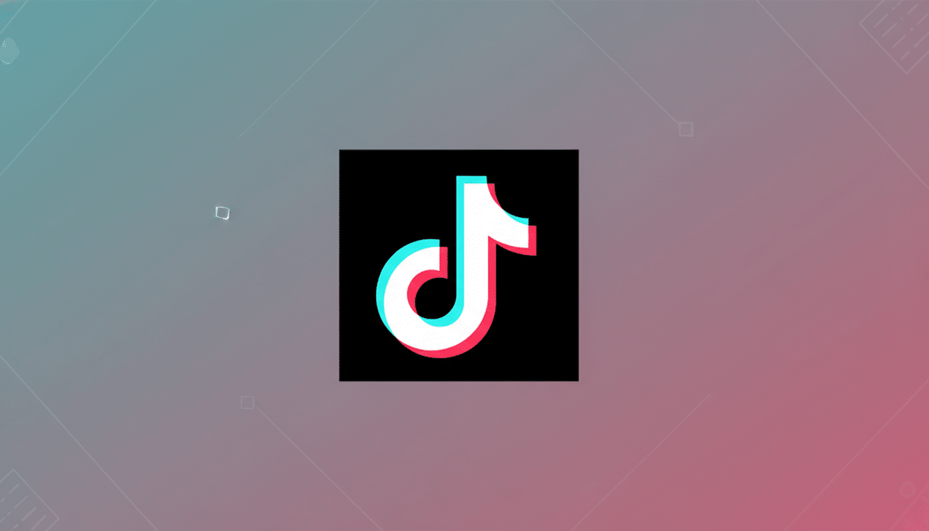 The TikTok logo, a white musical note with cyan and red shadows, centered on a black square, which is set against a professional 16:9 gradient background of teal and pink with subtle geometric patterns.