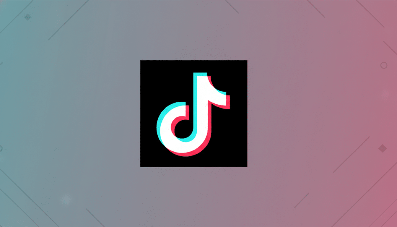 The TikTok logo, a white musical note with cyan and red shadows, centered on a black square, set against a professional 16:9 background with a soft gradient from teal to pink and subtle geometric patterns.