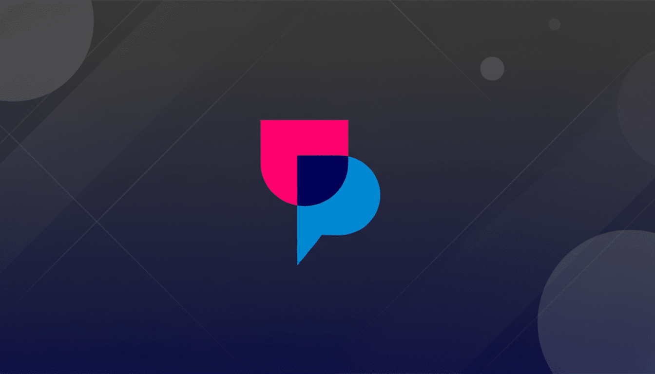 A 16:9 aspect ratio image featuring a logo composed of overlapping pink and blue geometric shapes, resembling a stylized P or a chat bubble, set against a professional flat design background with soft gradients and subtle patterns.