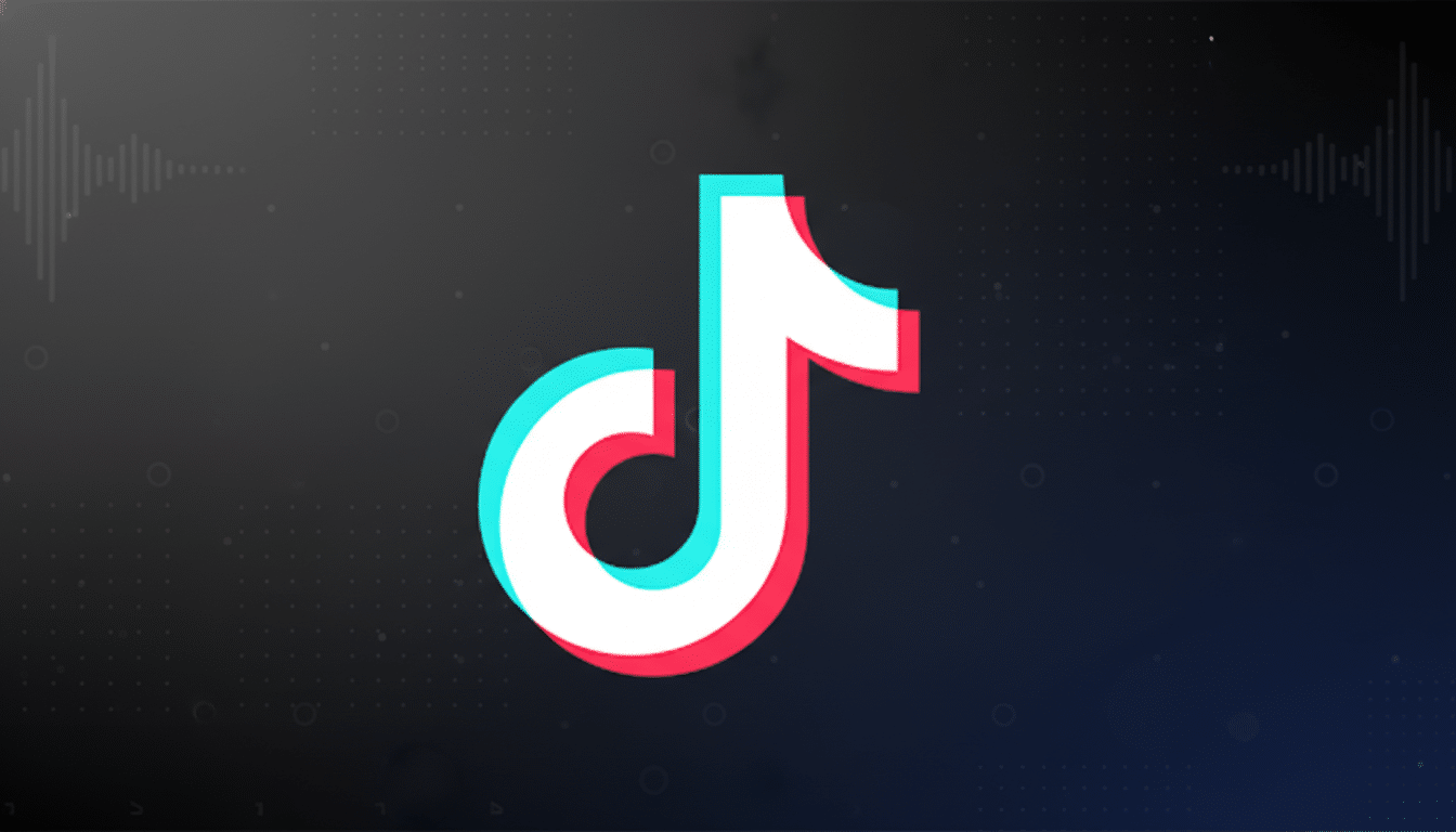 The TikTok logo, a white musical note with cyan and red shadows, centered on a dark gray background with subtle sound wave patterns and a soft blue gradient at the bottom right.