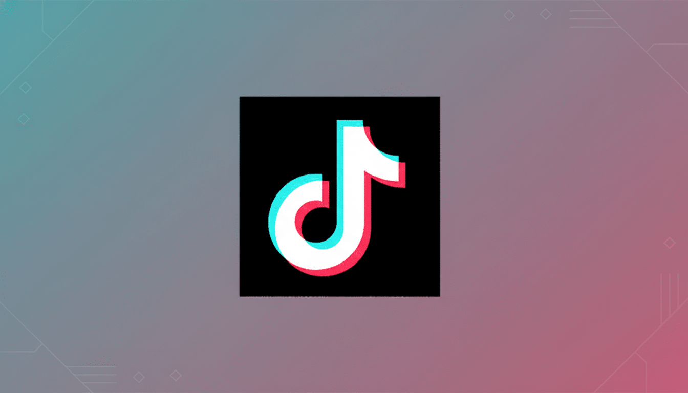 The TikTok logo, a white musical note with cyan and red shadows, centered on a black square, which is placed on a professional 16:9 gradient background with soft patterns.