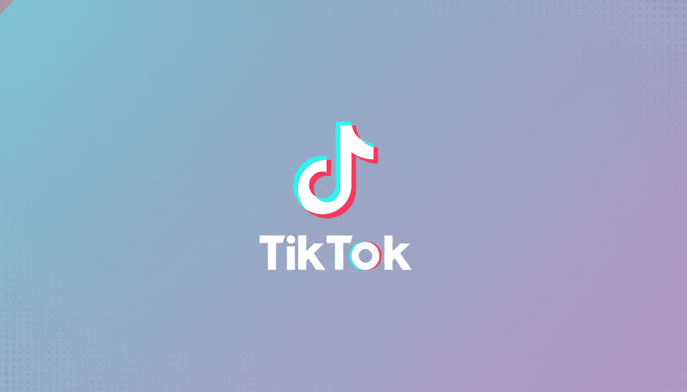 The TikTok logo, a white musical note with blue and red outlines, centered on a professional flat design background with a soft blue and purple gradient and subtle dot patterns.