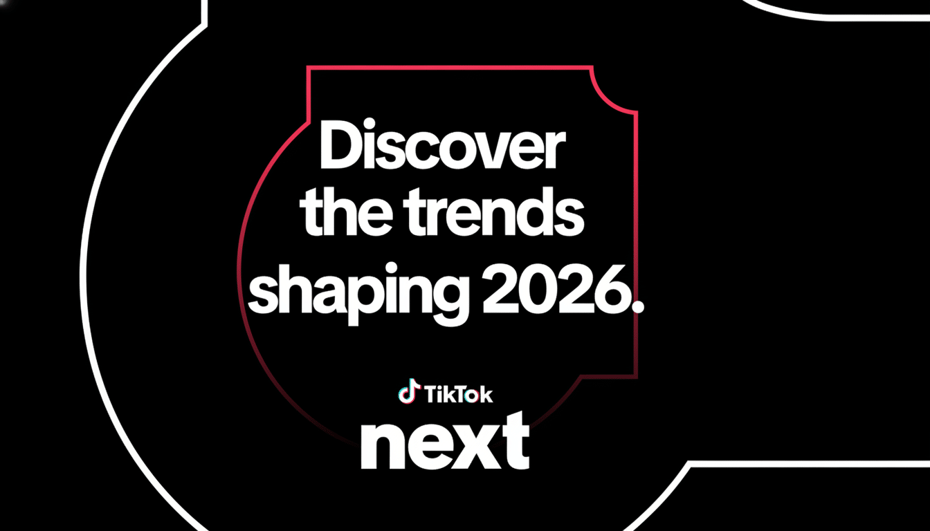 A black background with a white outlined shape containing the text Discover the trends shaping 2026. Below this, the TikTok logo is displayed, followed by the word next in white.