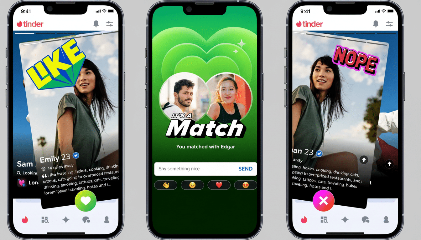 Three iPhones displaying the Tinder app interface. The left phone shows a profile with LIKE superimposed, the middle phone shows a Its a Match screen with two profile pictures, and the right phone shows a profile with NOPE superimposed.