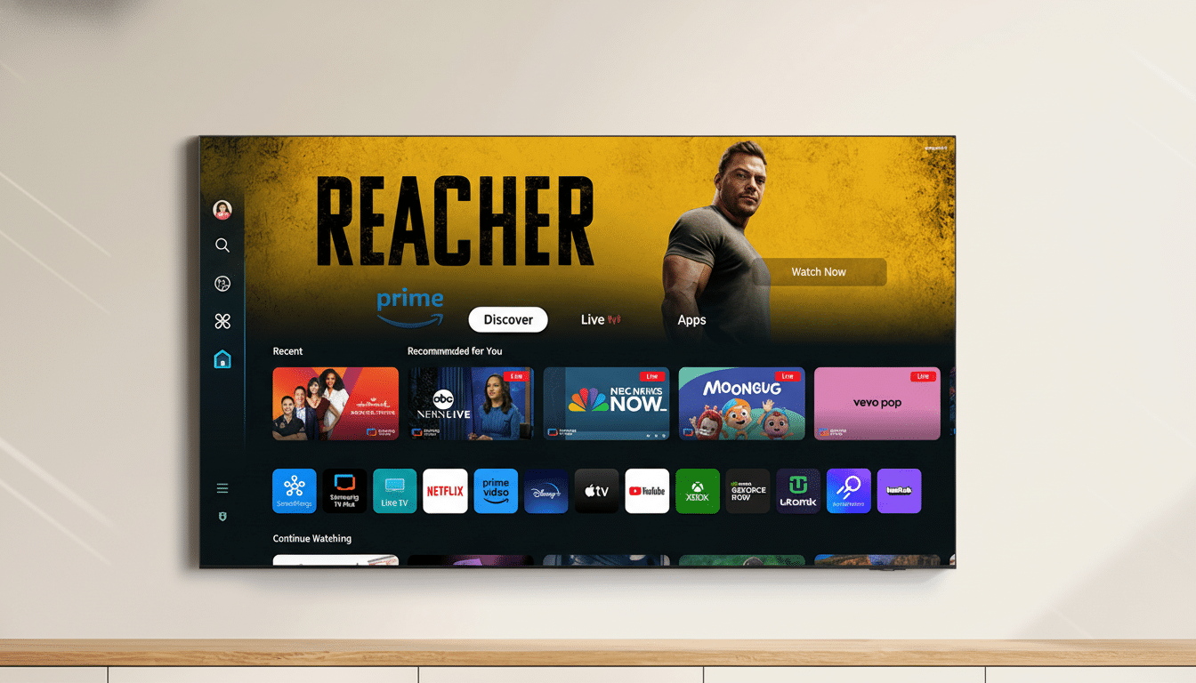 Televizijski zaslon koji prikazuje sučelje Prime Video s istaknutom serijom Reacher.