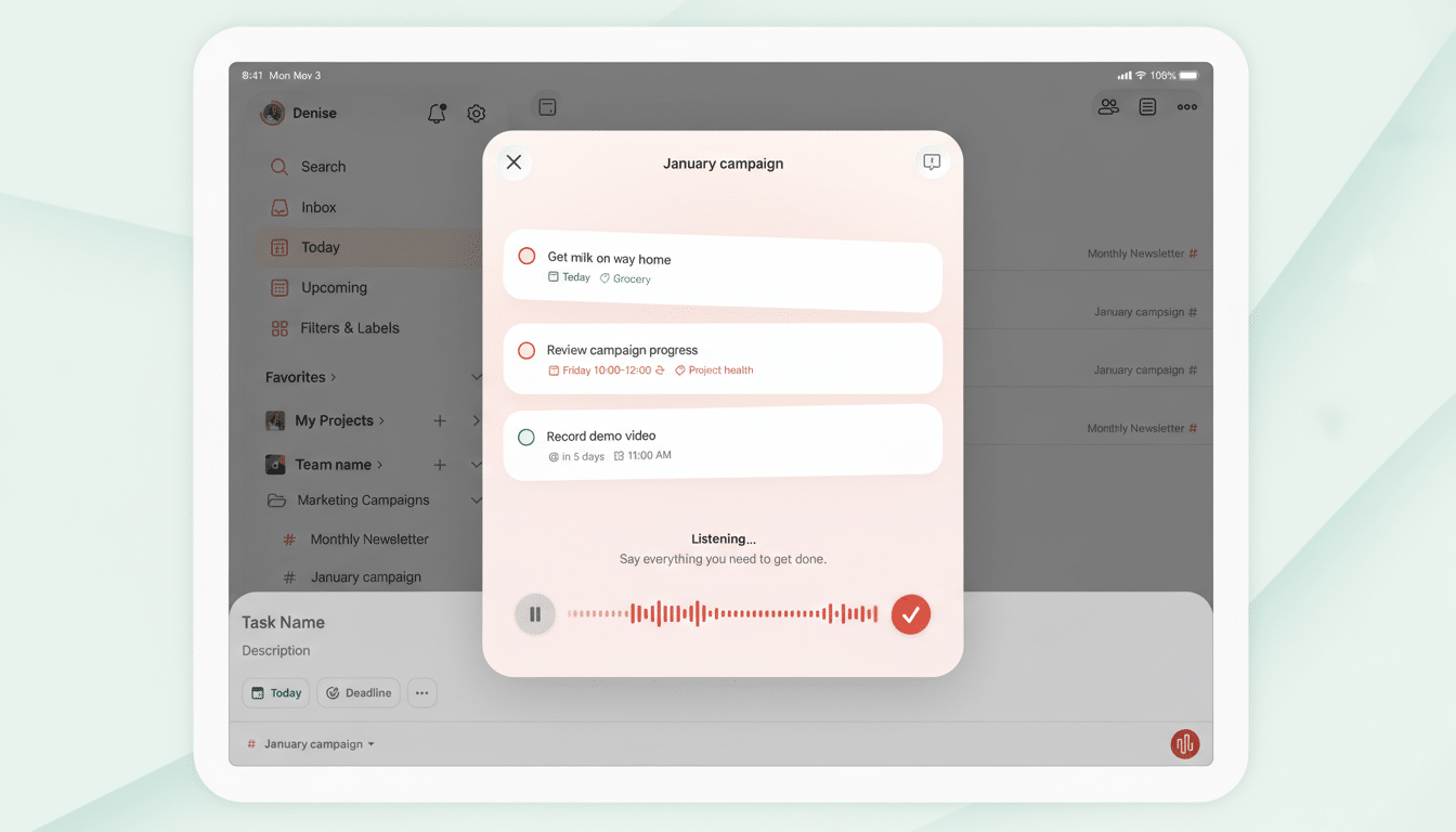 A tablet displaying a task management app with a January campaign pop-up open, showing tasks like Get milk on way home, Review campaign progress, and Record demo video. The app also shows a Listening... prompt with a voice input visualization.