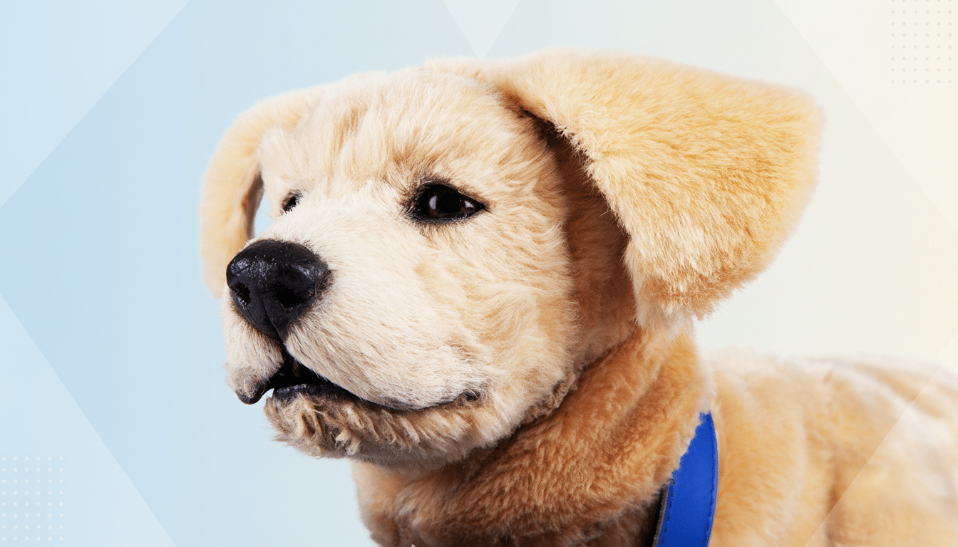 A plush golden retriever puppy toy with a blue collar, set against a professional flat design background with soft blue and yellow gradients and subtle geometric patterns.
