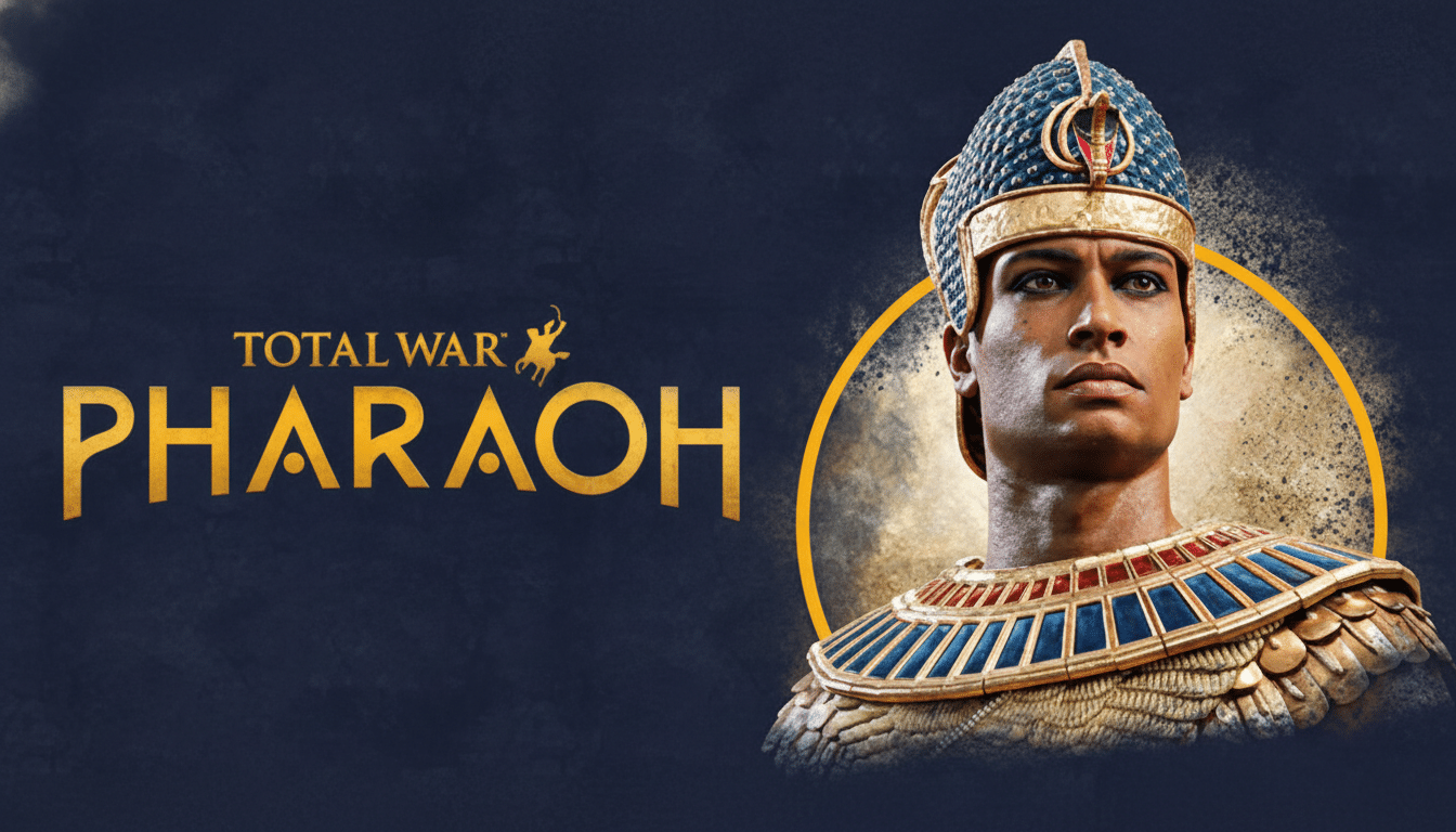 The Total War: PHARAOH game logo and title are displayed on the left, with a detailed bust of a pharaoh wearing an ornate headdress and collar on the right, set against a dark blue background with a subtle golden circle behind the pharaoh.