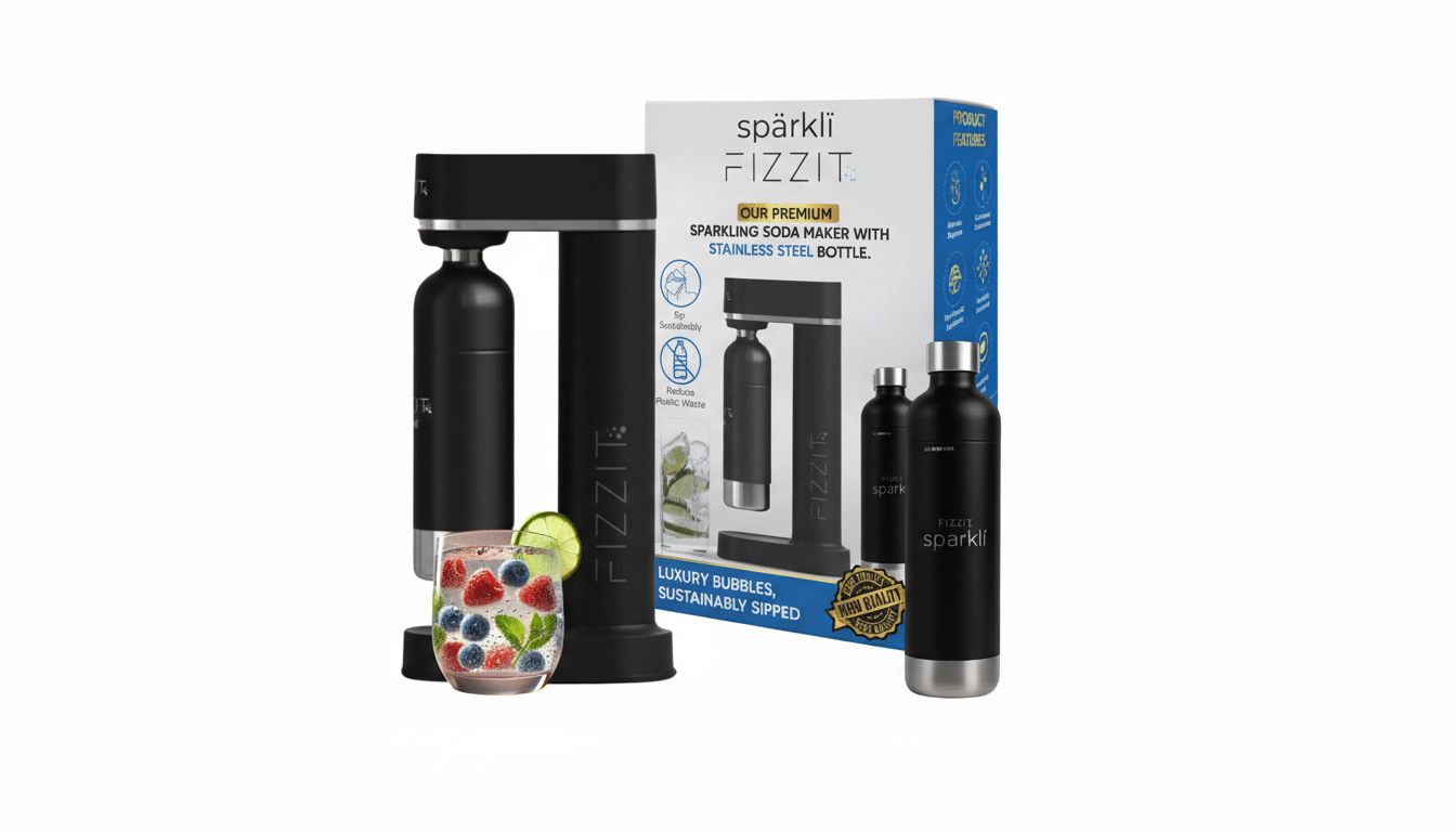 A black Sparkli Fizzit soda maker with a stainless steel bottle, a box for the product, and a glass of sparkling water with berries and lime, all set against a clean white background.