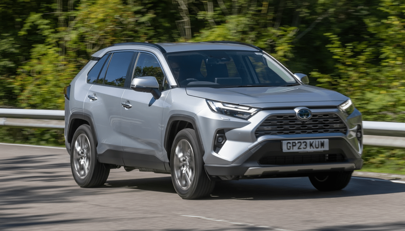 A silver Toyota RAV4 driving on a road with trees in the background.