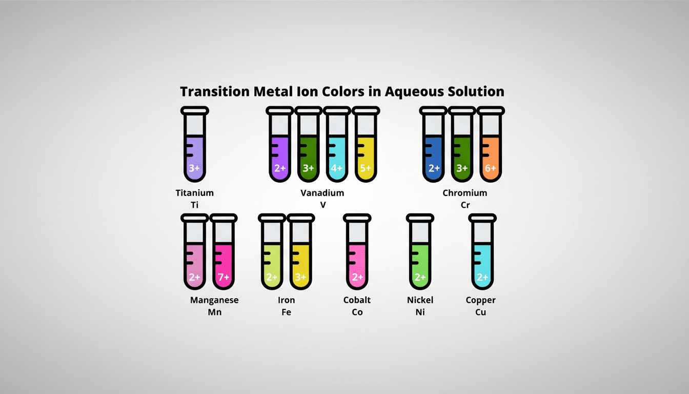 A professionally enhanced image displaying a chart of transition metal ion colors in aqueous solution, presented in a 16:9 aspect ratio with a clean, professional flat design background.